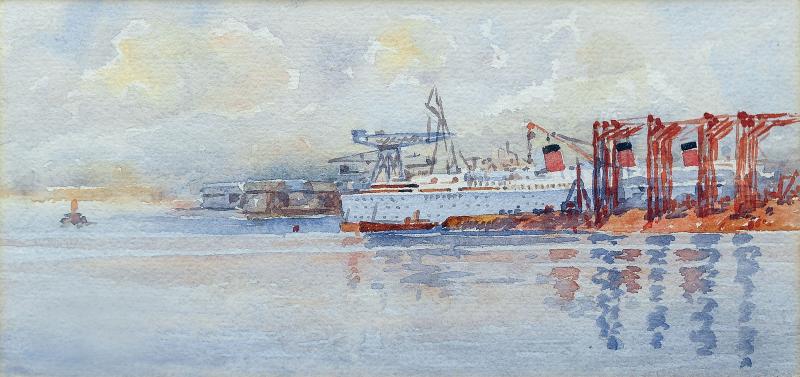 Queen Mary at John Brown’s, Clydebank: watercolour by my father.